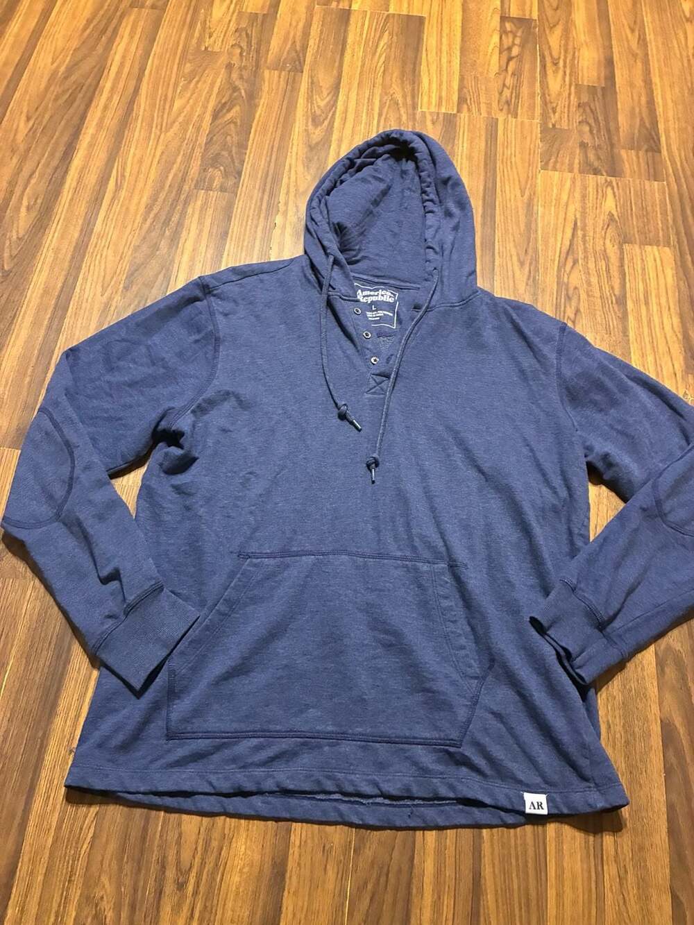 American Republic Men's Blue Long Sleeve Henley Hoodie with Elbow Patches